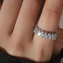 1 件简约铜方晶锆石开口戒指，高端质感，适合女性日常和派对装扮 - 銀色 - 查看 4