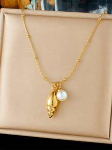 1 Piece Of Fashionable, Simple And Versatile Gold-Plated Smooth Surface Conch Faux Pearl Accessory Pendant Chain Stainless Steel Jewelry Necklace