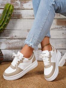 Women's Classic White Low-Top Casual Fashion Flat Sneakers, Outdoor Sports Shoes, Lightweight Soft-Soled Breathable Slip-On Platform Shoes - Màu Khaki - Xem 6