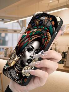 African Woman Printed 2D Pattern Popular Creative High - End Beautiful And Fashionable Commuting Personality Style Suitable For Elders, Friends, Family, Lovers, Your Own Birthday Gifts, Holiday Gifts, Black Matte Feel Full Protection Dustproof And Waterproof Soft Shell, Compatible With IPhone 17/17Pro/17Pro Max,16/15/14/13/12/11/Pro/ProMax And Galaxy S Series. - 黑色 - 查看 3