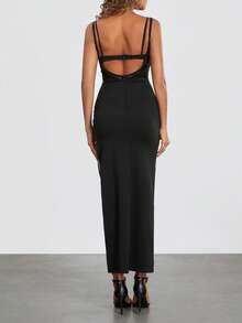 Women's Summer Slim Sleeveless Dress Lace Patchwork Low Cut Cutout Front Thigh Slit Long Dress - Black - View 8