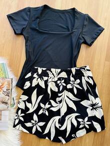 KISTYLE Women's Set Of Suplex Bodysuit + Skirt With Printed Shorts With Lining - Black and Transparent - View 4