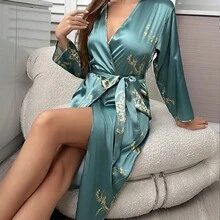 5pcs Women Sleepwear Set Including Spaghetti Strap Robe, Nightgown, Thin Jacket, Mid-Length Sleepwear, Bathrobe, Suitable For All Seasons - Malachite Green - View 24