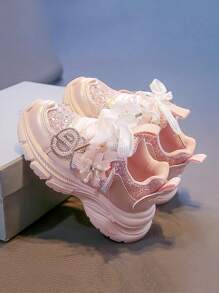 女童运动鞋，新款夏秋款，儿童厚底水钻花朵装饰鞋，可爱婴幼儿休闲运动鞋，时尚百搭校园学生中童跑步透气网眼鞋 - 粉色 - 查看 3