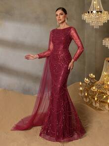 Elisanya Haute Glamour Gorgeou Sheer Sleeves Draped Side Mermaid Hem Beaded Formal Dresses & Evening Gowns - Burgundy - View 10