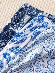 3 sztuki boho - eleganckie niebieskie spodnie wypoczynkowe z nadrukiem paisley i kwiatowym, jesienne ubrania