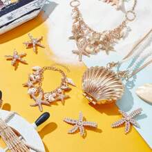 7pcs Mermaid Jewelry Set Seashell Starfish Necklace Bracelet Mermaid Costume Accories Pearl Collar Bib Pendant Necklace Hair Clip Crossbody Bag For Christmas Women Sea Beach - as pic - View 2