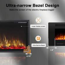 42"Electric Fireplace With Aluminum Frame: Wall-Mounted/Recessed Indoor Heater, Touch Screen, Remote & 12H Timer, 1500/750W" - US B Type Plug(110-127V) - View 2