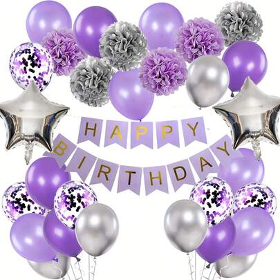 43pcs Purple & Silver Lavender Party Decorations Set, Suitable For Girls Birthday, Includes Happy Birthday Banner, Pom Poms, Foil Balloons, Confetti, Latex Balloons, Ribbons