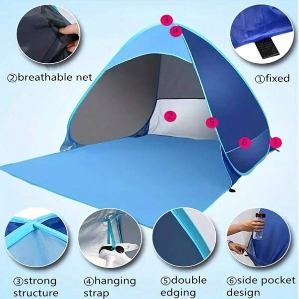 1pc Beach Tent 2 Seconds Instant Pop-Up Outdoor Sun Shade Canopy,Easy Set-Up Portable Beach/Camping/Fishing Shelter With UV Protection, Lightweight Design With Carry Bag, Ideal For Holidays And Outdoor Adventures