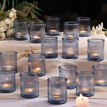 6Pcs Ribbed Blue Votive Candle Holders, Tea Light Candle Holders For Table Centerpiece, Blue Candle Holders For Wedding Decor, Home And Holiday Decor