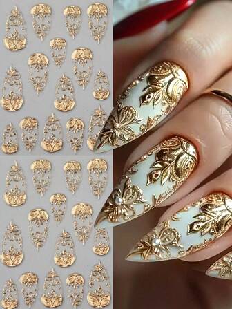 2 set di adesivi per arte di unghie con foil dorato 3D/5D - Decalcomanie metalliche autoadesive con cuori, fiori e altro per manicure fai da te