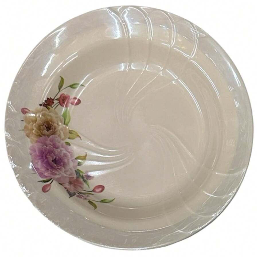 Kit de 6 Pratos Fundo Branco de Plástico Com Estampa de Flor de 23cm Reutilizável