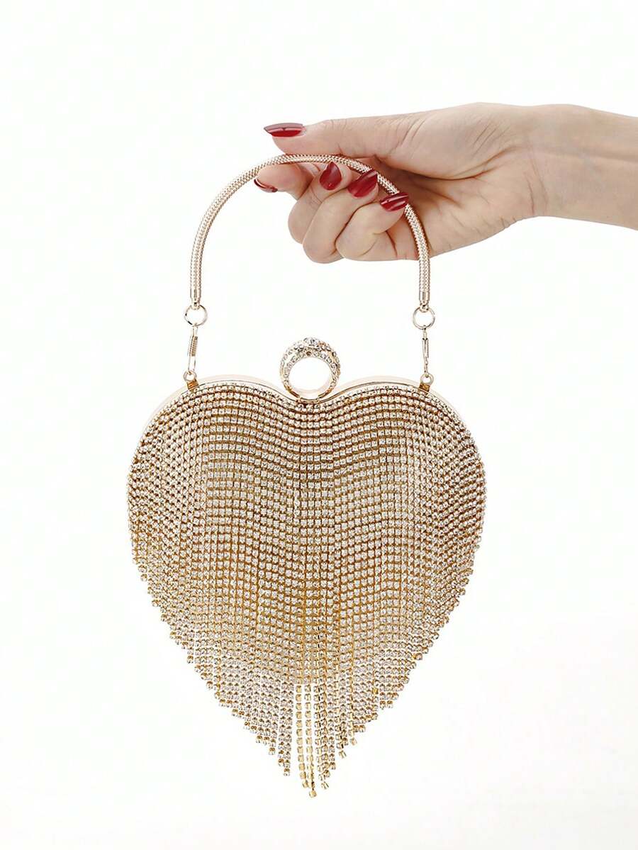 奢华水钻装饰晚宴手拿包，高品质水钻流苏正式手提包 - 金色 - 查看 1