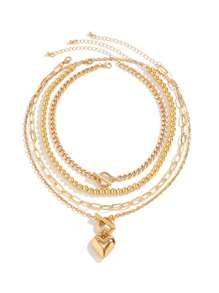 Un conjunto de 4 collares con colgante en forma de corazón clásico y elegante con cuentas, cadenas claviculares con cierre geométrico en forma de OT. Joyería de oro multicapa y apilable, un conjunto de collares pasional y romántico para damas. Adecuado para uso diario y fotografía de citas. Las cadenas se cortan según la longitud y el número de secciones no es fijo.