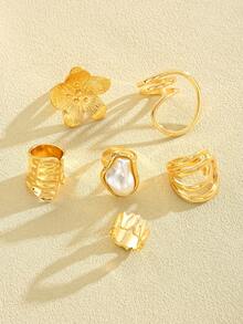 13/6pcs Set Exaggerated Vintage Coin Flower & Faux Pearl Metal Geometric Wide Band Rings, Gift For Women, Suitable For Summer, Casual, Party, Daily Wear - 款式1 - 查看 7
