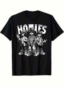 Homies" Graphic Cotton T-Shirt For Men And Women - Black Streetwear Designer Tee With Cartoon Print, Round Neck, Breathable & Durable For All Seasons - 黑色 - 查看 3