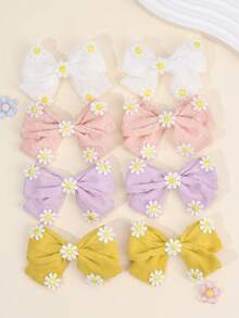 2/8 件女童雏菊发饰浅色花朵蝴蝶结发夹刺绣花朵发夹柔软面料发夹休闲日常头饰儿童婴儿发饰