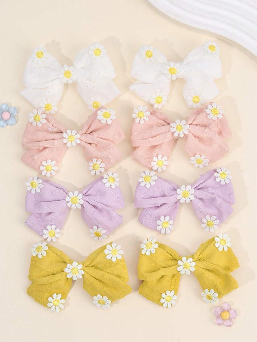 2/8 件女童雏菊发饰浅色花朵蝴蝶结发夹刺绣花朵发夹柔软面料发夹休闲日常头饰儿童婴儿发饰