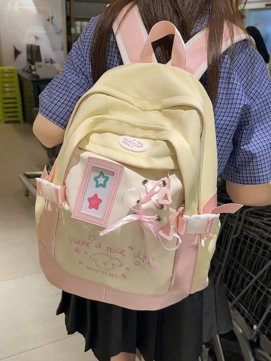 女士防水休闲背包，卡通字母印花，蝴蝶结，多个口袋，适合上学、通勤、旅行 - 彩色 - 查看 1