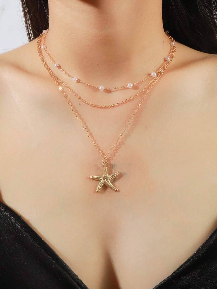 复古优雅百搭锌合金链条仿珍珠海星吊坠项链，适合夏季日常佩戴 - 金色 - 查看 1