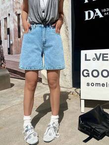 女式休闲纯色百慕大牛仔短裤，带口袋 - 淺色水洗藍 - 查看 6