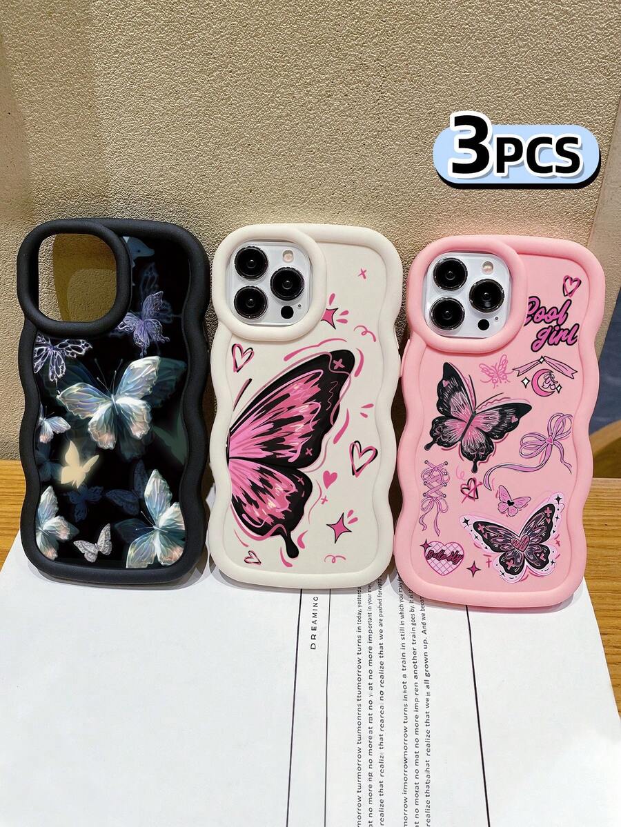 Bộ 3 ốp lưng điện thoại chống sốc hình bướm, viền lượn sóng 3D nổi bật, ốp lưng TPU thời trang, họa tiết lượn sóng sáng tạo và phong cách, bảo vệ toàn diện, chống rơi vỡ, có màu đen, be và hồng, tương thích với iPhone Air/17/17 Pro/17 Pro Max, tương thích với iPhone 13, các dòng điện thoại khác. - Nhiều màu - Xem 1