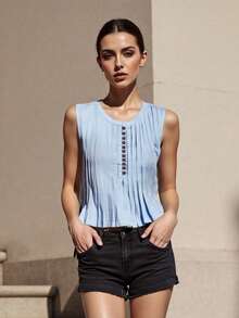 Women's Pleated Tank Tops Loose Fit Stylish Button Up Crew Neck Sleeveless Vest For Summer  Spring - Blue - View 2