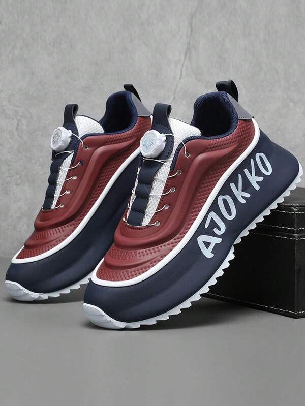 Men's Casual Sneakers With Unique Rotating Buckle Design, Letter Print, Stylish Low-Top Lace-Up Shoes, Contrast Color, Anti-Slip Serrated Sole, Durable Fashionable Streetwear Athletic Shoes For Outdoor, Daily Commute