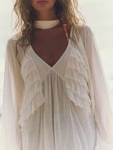 Women Ruffle Layered Flowy Shirt With Scarf Long Sleeve Tiered Peplum Babydoll Blouse Sheer Chiffon Summer Oversized Casual Peasant Tank Top Semi See Through Layers Vacation Beachwear Going Out Top - trắng - Xem 5