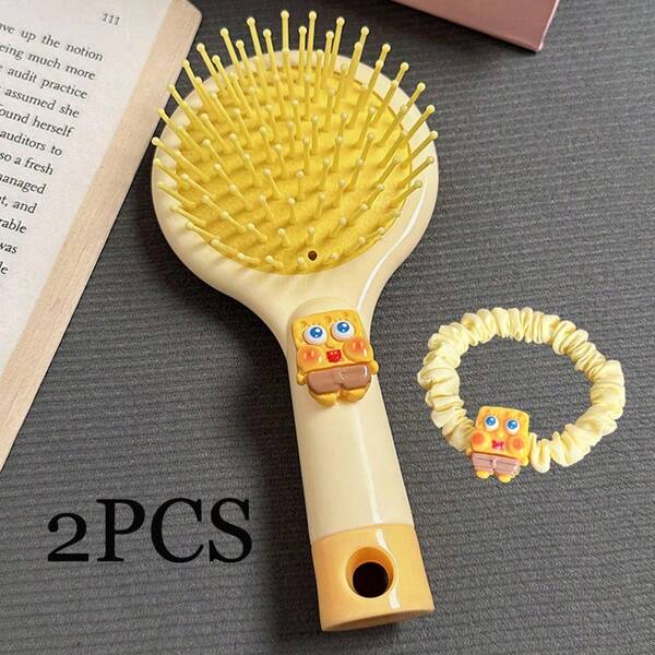 SPONGEBOB 2pcs/Set Spongebob Cartoon Air Cushion Hair Brush, Air Cushion Brush Mirror Combo, 1pc Headband. Perfect Gift For Birthday, Holiday, Graduation, Ideal For Yourself, Friends And Lovers