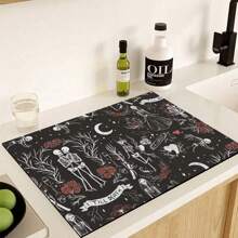 1 pieza Estera de secado para cocina con estampado de calavera y rosa, súper absorbente para ocultar manchas, con respaldo de goma, almohadilla multiusos para cafetera, encimeras, platos, absorbe el agua rápidamente