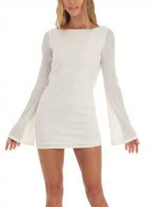 Women Mini Bodycon Dress Sequins Long Sleeve Tie-Up Backless Cocktail Dress Spring Fall Party Dress - 白色 - 查看 1