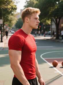 Red Boyfriend Style Sports Shirt - Polyester Quick-Dry Short Sleeve | Suitable For Layering | Wrinkle-Resistant, Suitable For Fitness And Commuting