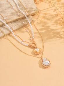 3 件套优雅金色手工链条项链，百搭 OT 扣人造珍珠和贝壳吊坠，时尚不对称人造珍珠吊坠项链，适合女士日常佩戴、约会、用餐、旅行、度假 - 多色 - 查看 4