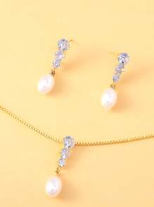 1 Set Gold Metal Thin Chain Diamond-Studded Pearl Necklace And Earring Set, Suitable For Party, Event And Daily Accessories
