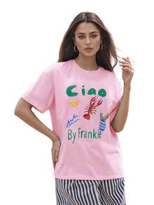 Women Summer Basic T-Shirt Casual Letter Fruit Lobster Print Short Sleeve Tops For Streetwear Aesthetic Grunge Clothes - 粉色 - 查看 8
