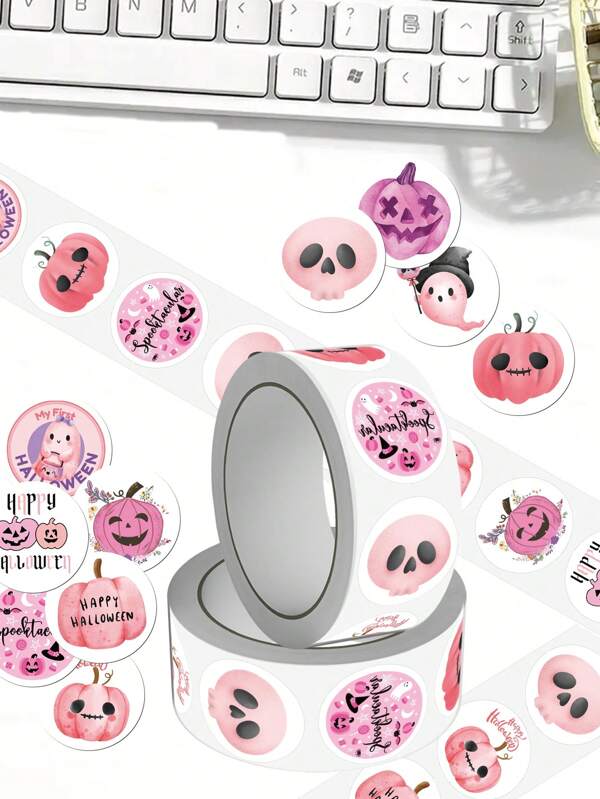 1 Roll/500pcs Pink Halloween Stickers Handbook Laptop Phone Case Luggage Decoration Sticker