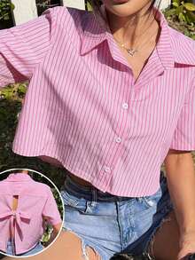Women's Summer Striped Tops Short Sleeve Turn Down Collar Casual Button Up Bowknot Cute Shirt Dailywear - Pink - View 3