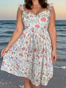 Plus Size Women Summer Fashion Casual Vacation Beach Floral Print Dress, Graduation Dress White Elegant - White - View 2