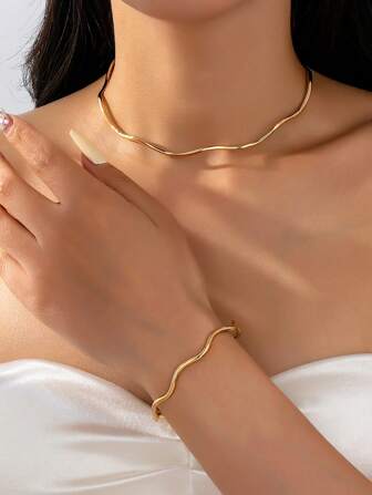 2 件简约波浪设计金色颈链手链首饰套装，男女通用，适合夏季、派对、节日