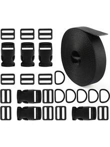 重型 25 件套捆扎套件 - 可调节尼龙织带，配有快速释放扣、D 形环和滑块 - 适用于旅行行李、宠物牵引绳、帐篷绳和户外装备包，适用于学校配件和学校用品 - 黑色 - 查看 1