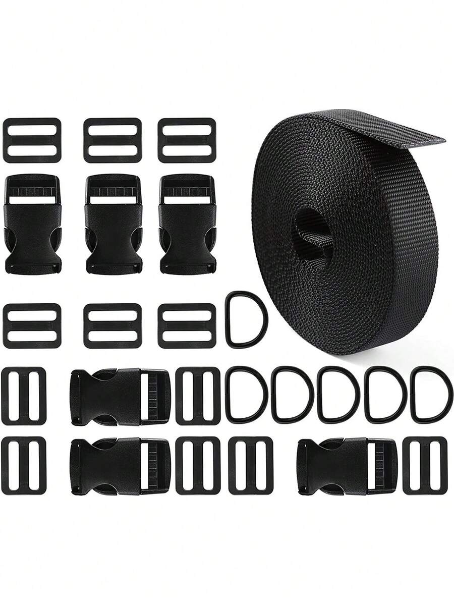 重型 25 件套捆扎套件 - 可调节尼龙织带，配有快速释放扣、D 形环和滑块 - 适用于旅行行李、宠物牵引绳、帐篷绳和户外装备包，适用于学校配件和学校用品 - 黑色 - 查看 1