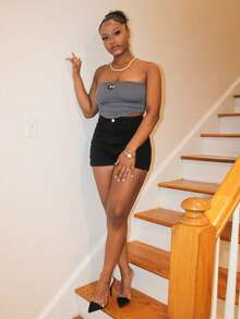 Steph T Ribbed Knit Patch Detail Bandana Hem Crop Tube Top - Dark Grey - View 3