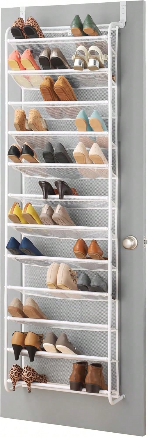 Over The Door Shoe Organizer - Holds Up To 36 Pairs Of Shoes - Metal & Mesh - White - Beige - View 1