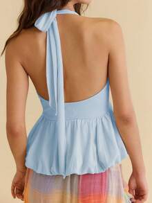 Women Halter Neck Sleeveless Tops Deep V Neck Backless Crop Tank Top Y2K Going Out Shirts - Blue - View 3