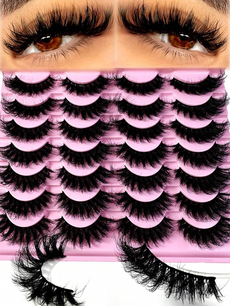 LYBCG Wholesale Bulk 14Pairs Faux Mink Lashes 5D Fluffy False Eyelashes Thick Volume Dramatic Halloween Cosplay Manga Cat Eye Lashes Long Strip Wispy Lashes Pack - 黑色 - 查看 1