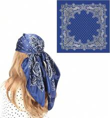 35 Inches Silk Head Scarf-Satin Hair Scarves Silk Bandana Scarf Headscarf For Women's Fashion Scarveshalloween - 海軍藍-圓點腰果 - 查看 1