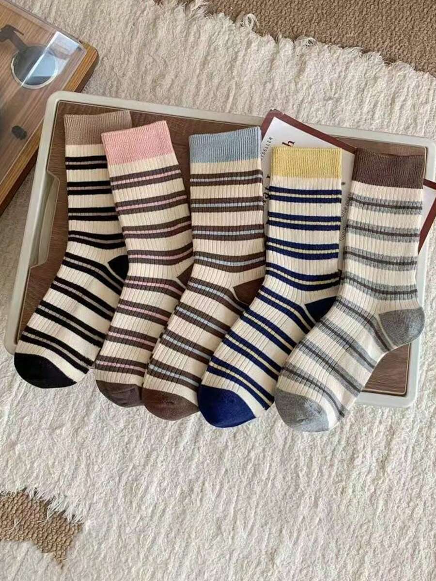 5 pares de calcetines medianos a la pantorrilla con bloques de color y rayas aleatorios, estilo coreano de calcetines largos tipo tubo para mujer, primavera