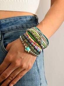 11 Peças/Conjunto Pulseira Elástica Multicamadas de Mulher com Contas, Pulseira Elegante e da Moda para Uso Diário